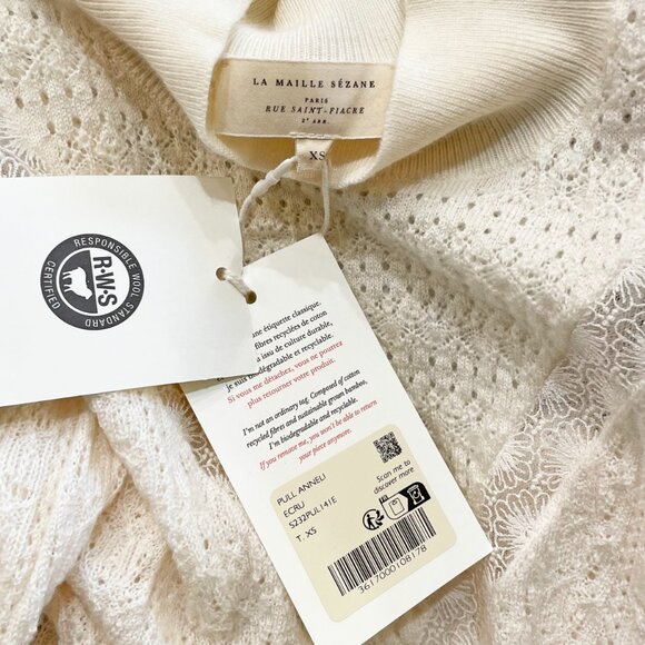 Last Chance! New Sézane Anneli 100% Merino Wool Retro Knit Sweater Ecru XS - Picture 6 of 8